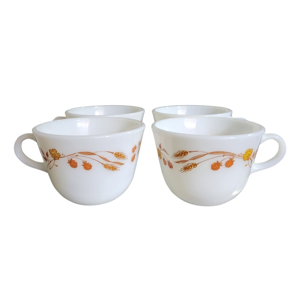 Vintage 1980's Pyrex Coffee Cups (4) Harvest Home Pattern Wheat Berries